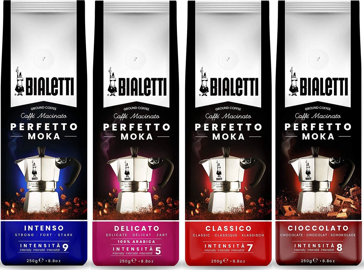 Bialetti Perfetto Moka Gemalen Koffie Proefpakket - 4 X 250 Gram - Classico, Intenso, Delicato En Cioccolato 1 Bialetti Perfetto Moka Gemalen Koffie Proefpakket - 4 X 250 Gram - Classico, Intenso, Delicato En Cioccolato