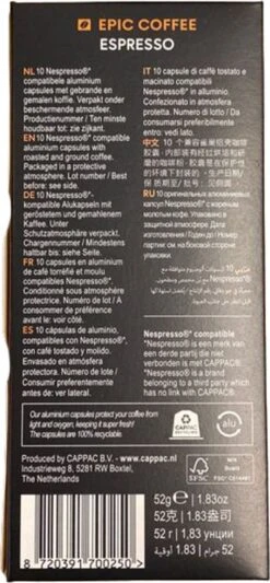 100 Capsules Epic Coffee - Espresso - Nespresso® Compatible Aluminium Capsules - RFA Keurmerk - Doos 100 Stuks -Koffie Verkoop 556x1200